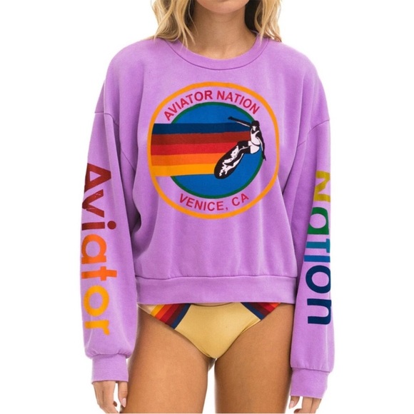 Aviator Nation Relaxed Crew Sweatshirt Neon Purple Unisex Medium